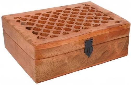Mango Wood Decorative Box with Hinged Lid and Carved Design (9" x 6" x 3")
