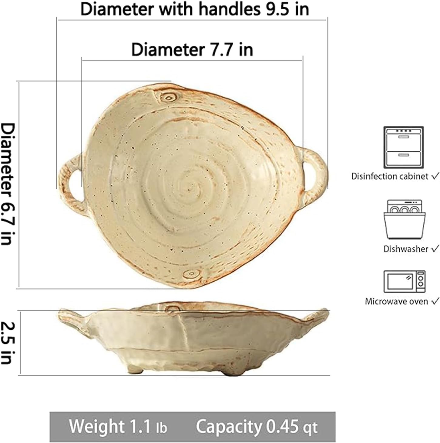 Small Ceramic Bowl with Handles – Free-Form Edge Decorative Fruit or Salad Bowl