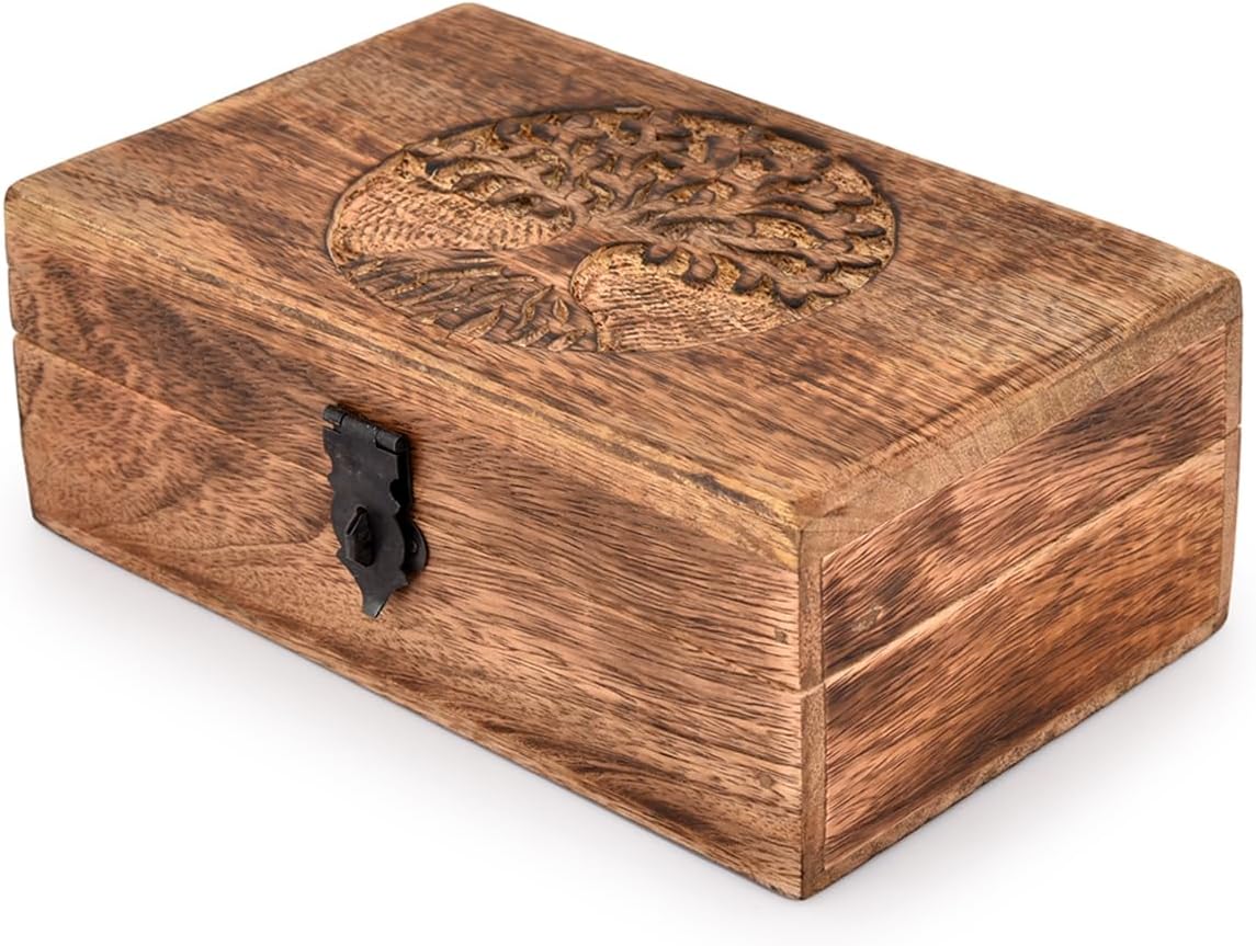Handmade Mango Wood Keepsake Box with Tree of Life Engraving