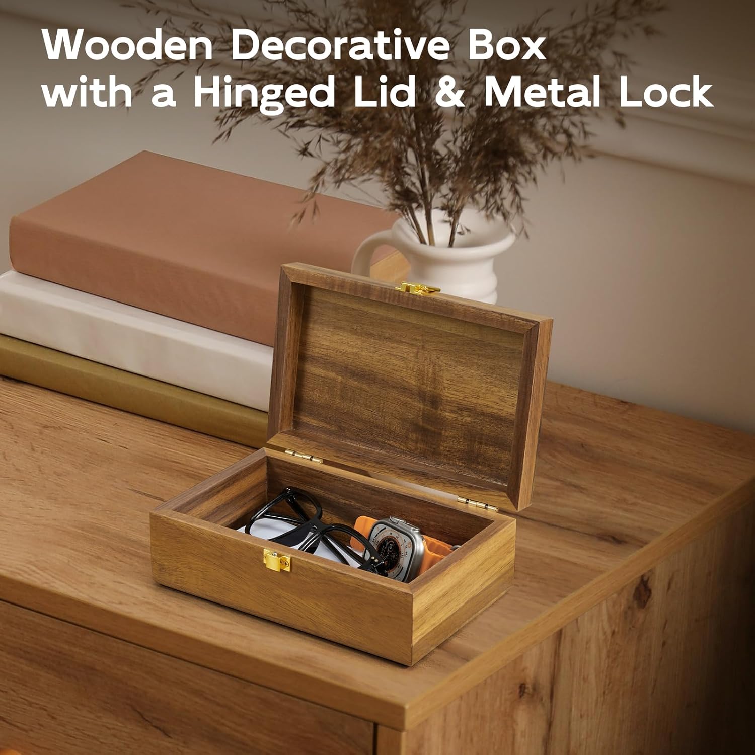 Acacia Wood Decorative Box with Lid – Small Jewelry Keepsake Box