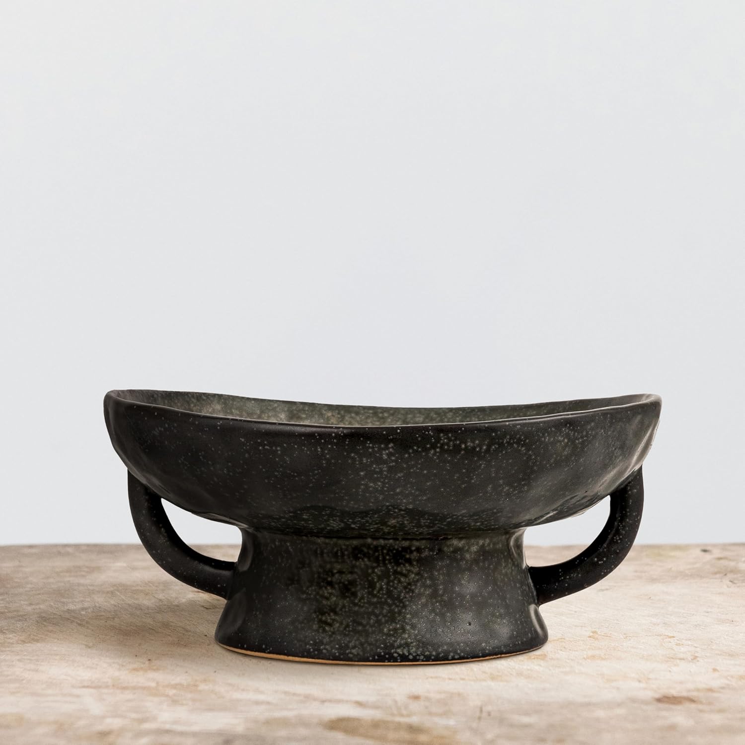 Stoneware Footed Pedestal Bowl with Handles and Reactive Glaze Finish