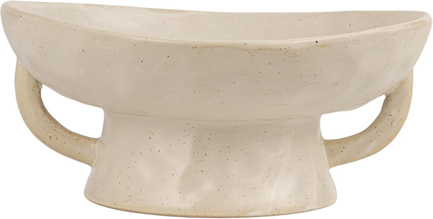 Stoneware Footed Pedestal Bowl with Handles and Reactive Glaze Finish