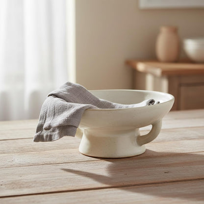 Stoneware Footed Pedestal Bowl with Handles and Reactive Glaze Finish