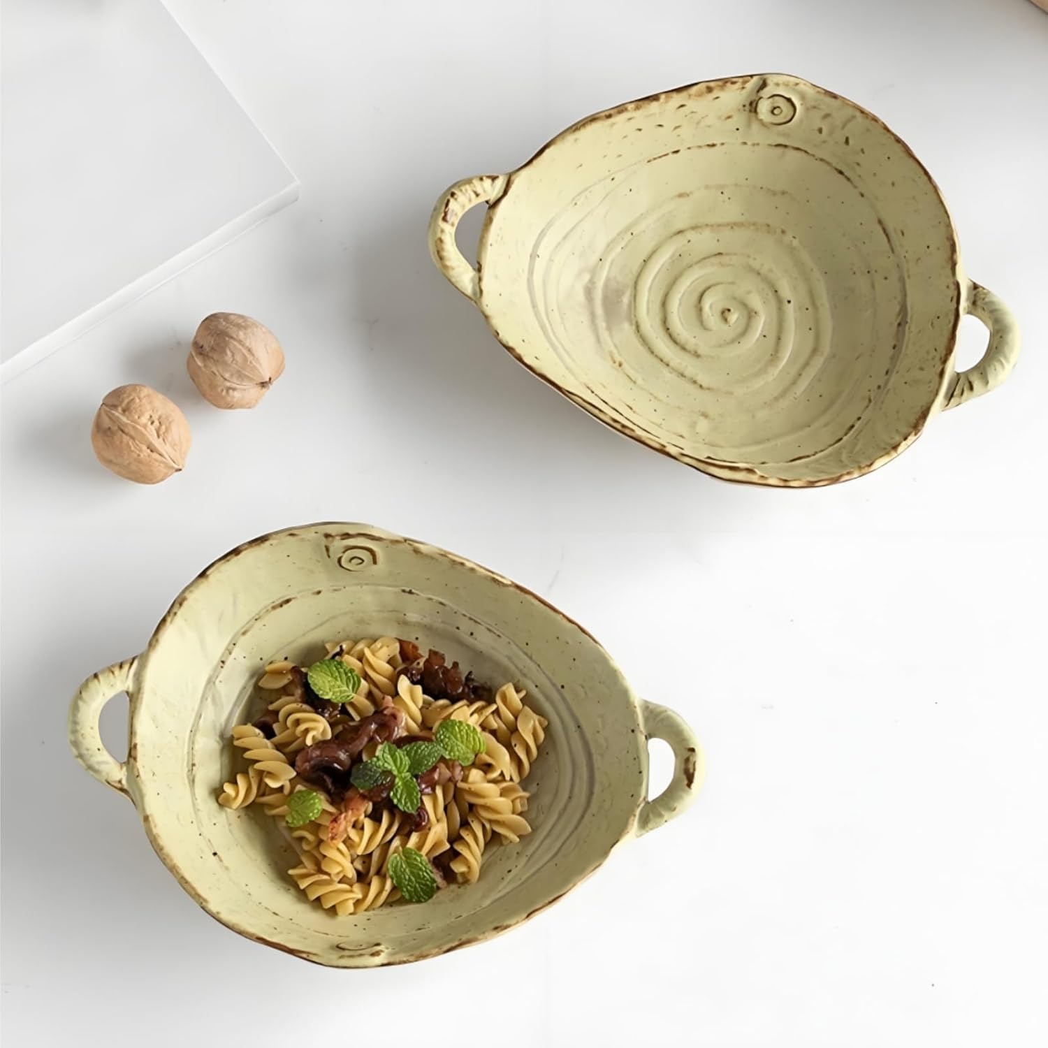 2 Piece Handmade Ceramic Decorative Bowl Set with Handles – Key Bowl and Fruit Dish (7.7")