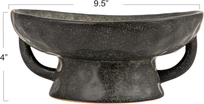 Stoneware Footed Pedestal Bowl with Handles and Reactive Glaze Finish