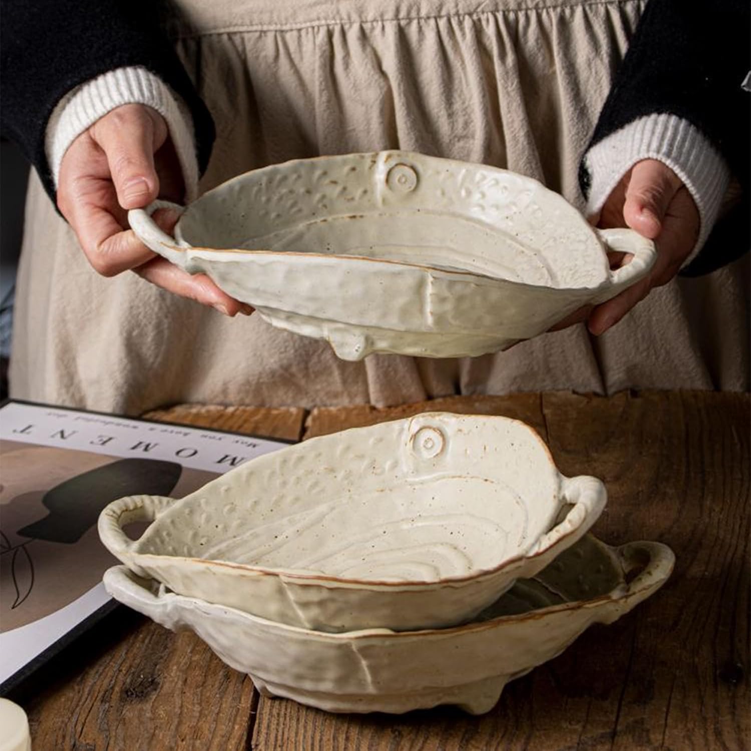 Small Ceramic Bowl with Handles – Free-Form Edge Decorative Fruit or Salad Bowl