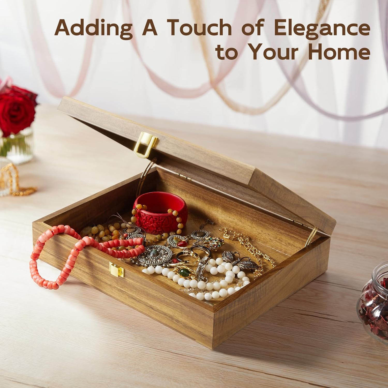 Acacia Wood Decorative Box with Lid – Small Jewelry Keepsake Box