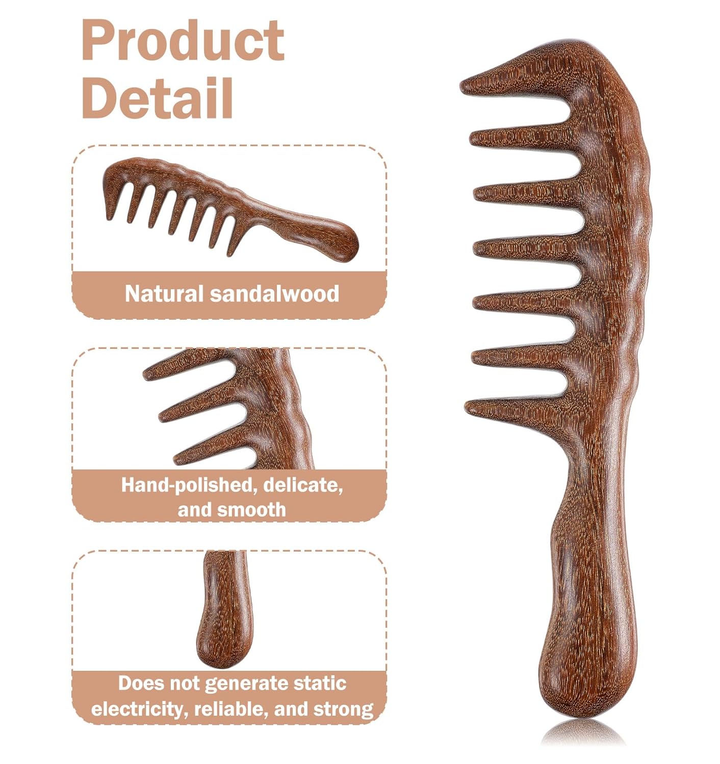 Natural Sandalwood Wide Tooth Comb for Curly Hair and Scalp Massage