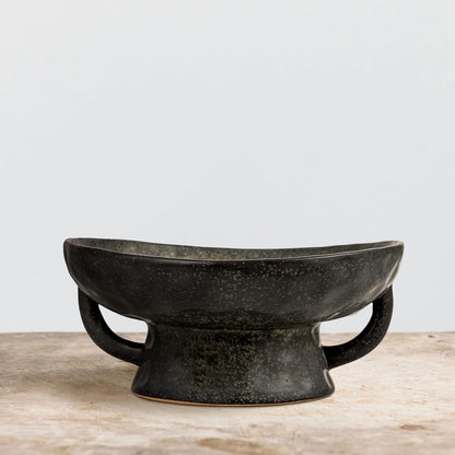 Stoneware Footed Pedestal Bowl with Handles and Reactive Glaze Finish