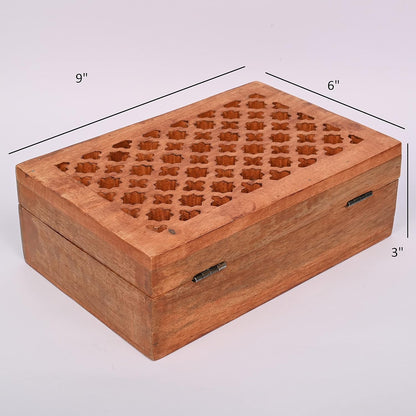 Mango Wood Decorative Box with Hinged Lid and Carved Design (9" x 6" x 3")