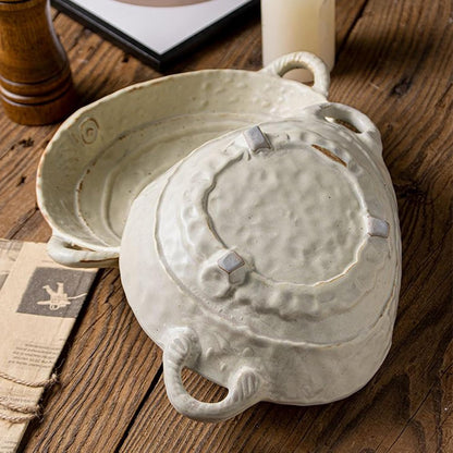 Small Ceramic Bowl with Handles – Free-Form Edge Decorative Fruit or Salad Bowl
