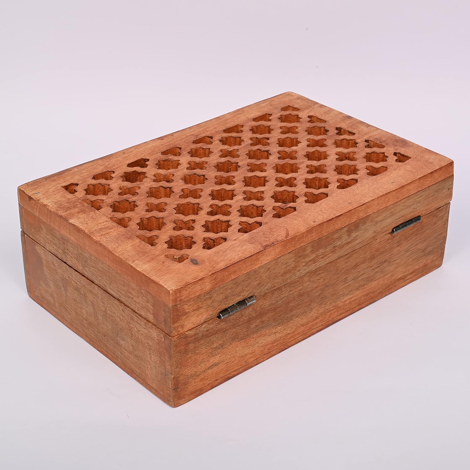 Mango Wood Decorative Box with Hinged Lid and Carved Design (9" x 6" x 3")