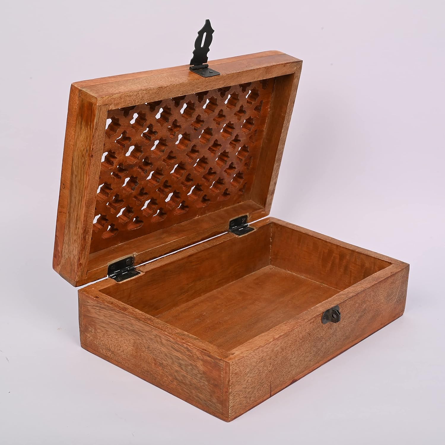 Mango Wood Decorative Box with Hinged Lid and Carved Design (9" x 6" x 3")