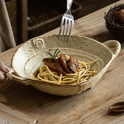 Small Ceramic Bowl with Handles – Free-Form Edge Decorative Fruit or Salad Bowl